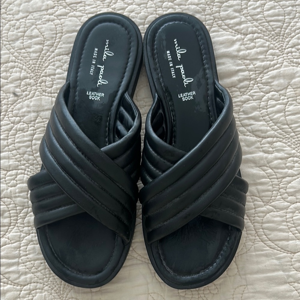 Mila Paoli Black Sandals Crossover Design